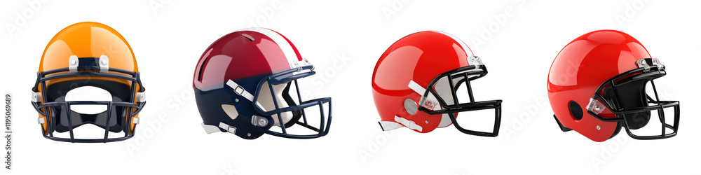 Fototapeta premium 3D football helmets in various colors, showcasing vibrant designs and visors