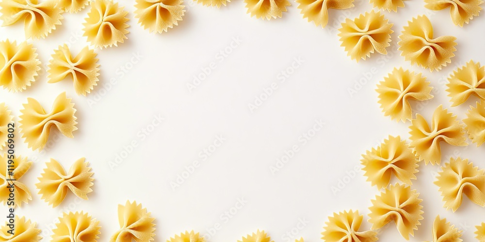 Fototapeta premium Circular frame of dried yellow farfalle pasta positioned symmetrically around the edges on a clean white background creating a minimalist composition
