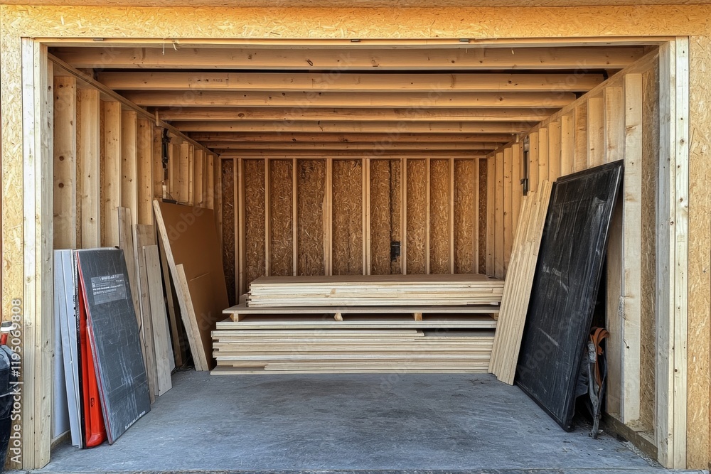 Unfinished Wooden Building Interior with Construction Materials Unfinished Wooden Building Interior with Construction Materials