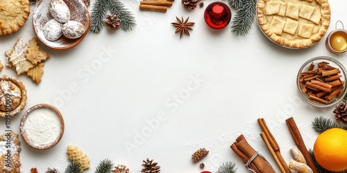 Wallpaper Mural Festive baking setup on white surface with cookies, pastries, pine branches, red ornaments, and spices arranged neatly for holiday preparation. Torontodigital.ca