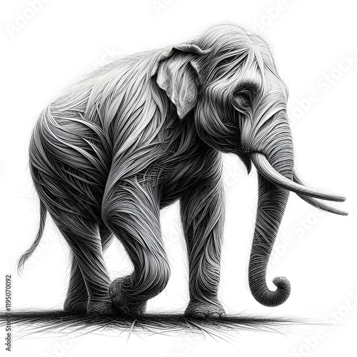 Black and white elephant standing isolated on white background, a large mammal illustration, showcasing its trunk and big size, in a wildlife, safari theme photo