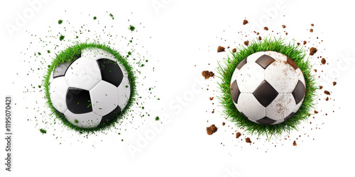 3D football with grass and dirt particles, showcasing dynamic motion and energy