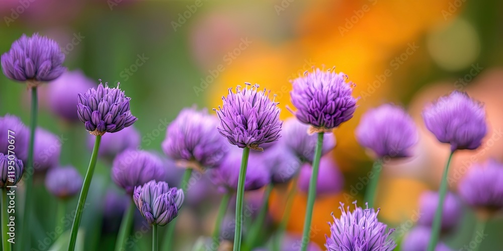 Chive flowers in vibrant purple bloom prominently against a soft blurred background of warm orange hues in a spring herb garden. Chive flowers in vibrant purple bloom prominently against a soft blurred background of warm orange hues in a spring herb garden.