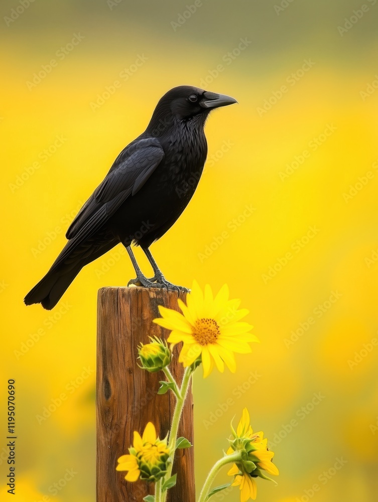 Obraz premium Crow on Sunflower at Dawn: Nature's Contrast