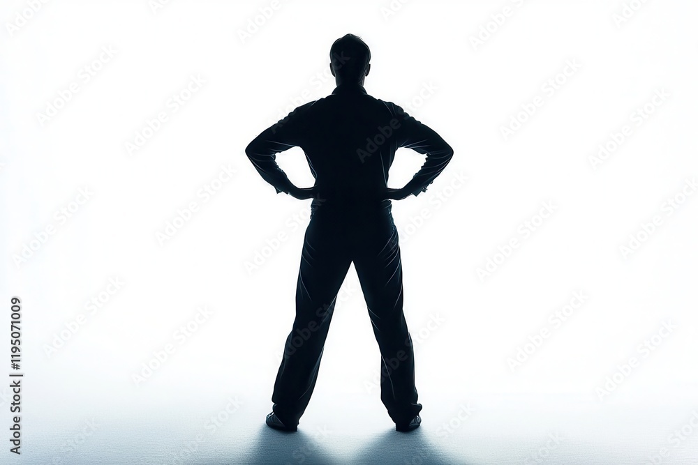 Confident Individual Standing with Hands on Hips, Emphasizing Self-Assurance and Poise in Silhouette Against a Bright Background Confident Individual Standing with Hands on Hips, Emphasizing Self-Assurance and Poise in Silhouette Against a Bright Background