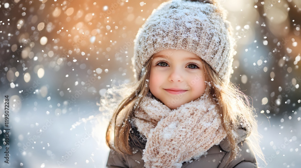 Smiling Caucasian girl in a knitted hat and scarf enjoying a snowy day. Smiling Caucasian girl in a knitted hat and scarf enjoying a snowy day.