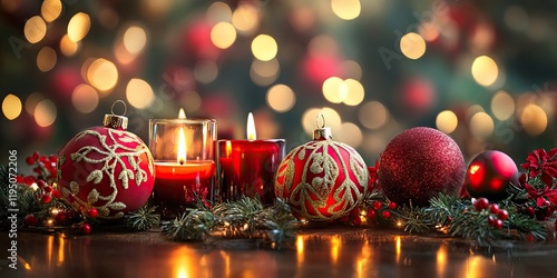 Festive arrangement of red and gold candles and decorative balls on a wooden table with vibrant glowing holiday lights in the background. photo