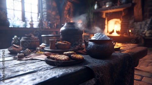 Cozy medieval kitchen, steaming potion, fireplace, food, game