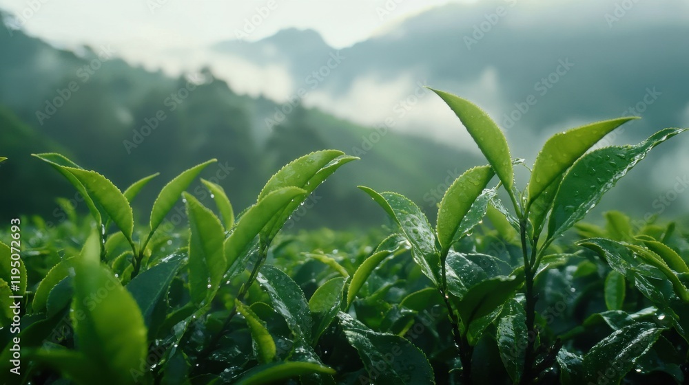 Fototapeta premium Dew-Covered Leaves on Tea Bushes in Plantation