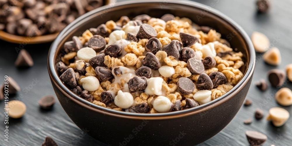 Delicious chocolate chip breakfast cereal in a brown bowl on a textured black surface surrounded by chocolate chips and clusters in warm tones Delicious chocolate chip breakfast cereal in a brown bowl on a textured black surface surrounded by chocolate chips and clusters in warm tones