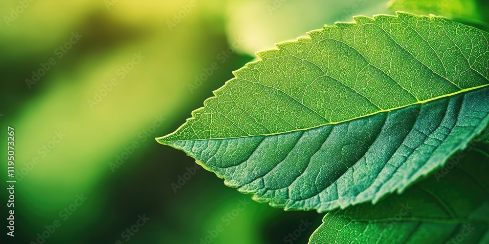 Close up of vibrant green leaf with detailed texture on the left side set against a soft blurred nature background for a soothing backdrop Close up of vibrant green leaf with detailed texture on the left side set against a soft blurred nature background for a soothing backdrop