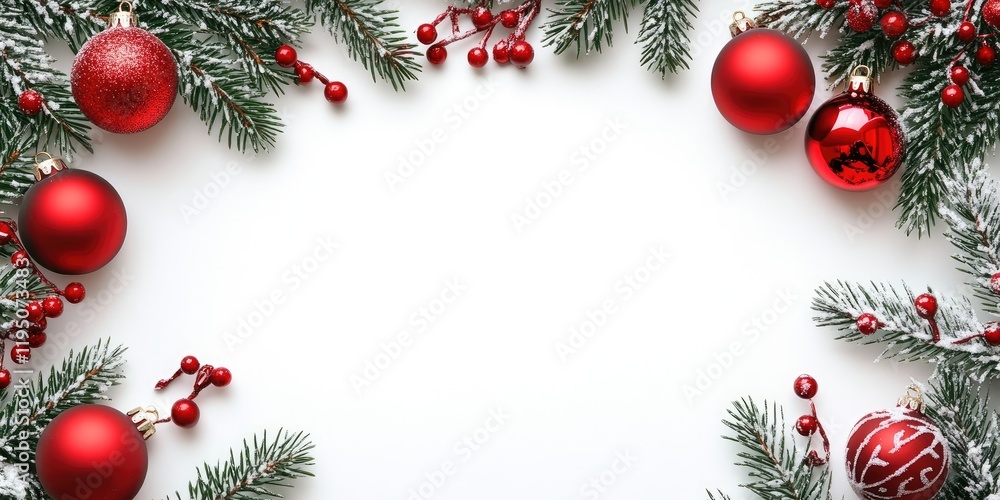 Christmas greeting card frame with green pine branches and red ornaments including balls and berries arranged around a white center space. Christmas greeting card frame with green pine branches and red ornaments including balls and berries arranged around a white center space.