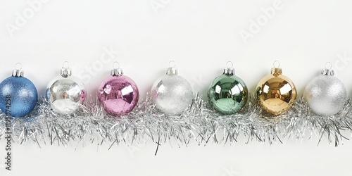 Colorful Christmas ornaments in a row with silver tinsel border on a white background featuring blue, silver, pink, green, and gold shades. photo