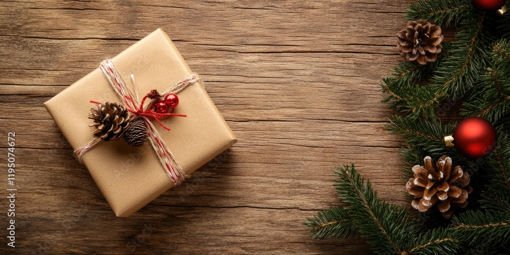 Fototapeta premium Gift box wrapped in brown paper with twine on wooden background decorated with pinecones and evergreen branches in green and red tones.