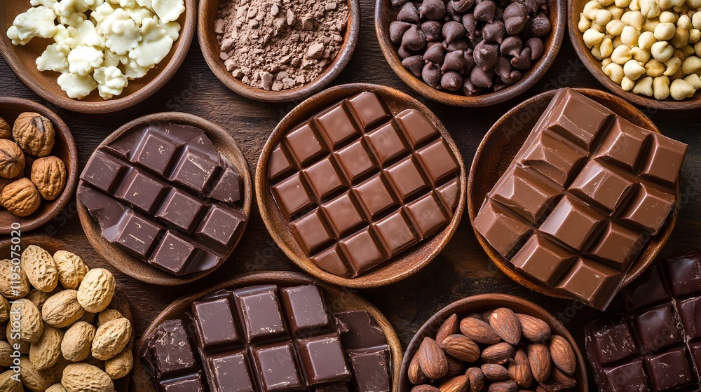 Delicious assortment of chocolates and nuts arranged on wooden plates. Delicious assortment of chocolates and nuts arranged on wooden plates.