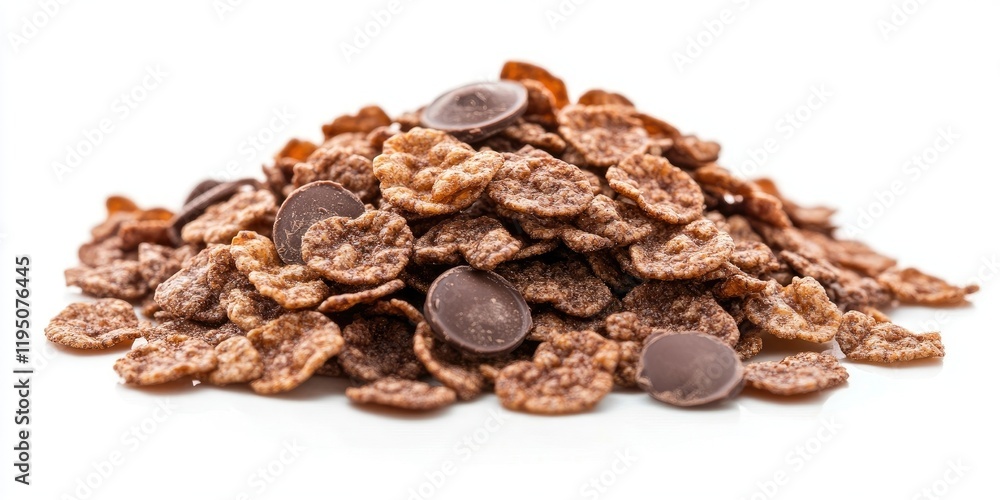 Naklejka premium Crispy brown chocolate corn flakes piled high on a white background with shiny chocolate rounds scattered throughout the heap for breakfast snacks