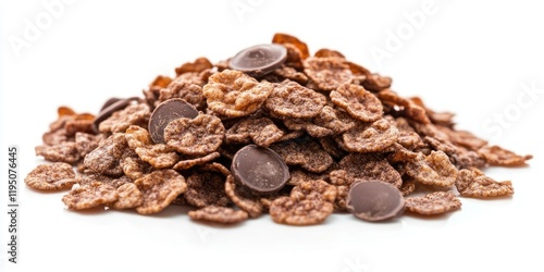 Crispy brown chocolate corn flakes piled high on a white background with shiny chocolate rounds scattered throughout the heap for breakfast snacks photo