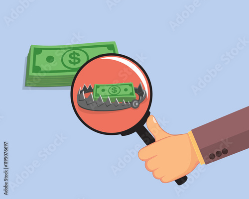 Hand with magnifying glass shows money trap. Bear Trap Business Finance. Flat, Vector, Illustration, Cartoon, EPS10.   