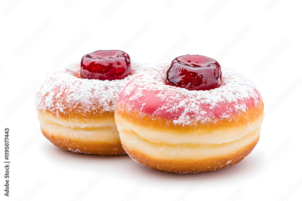 Hanukkah donut with jelly and powdered sugar isolated on white Hanukkah donut with jelly and powdered sugar isolated on white