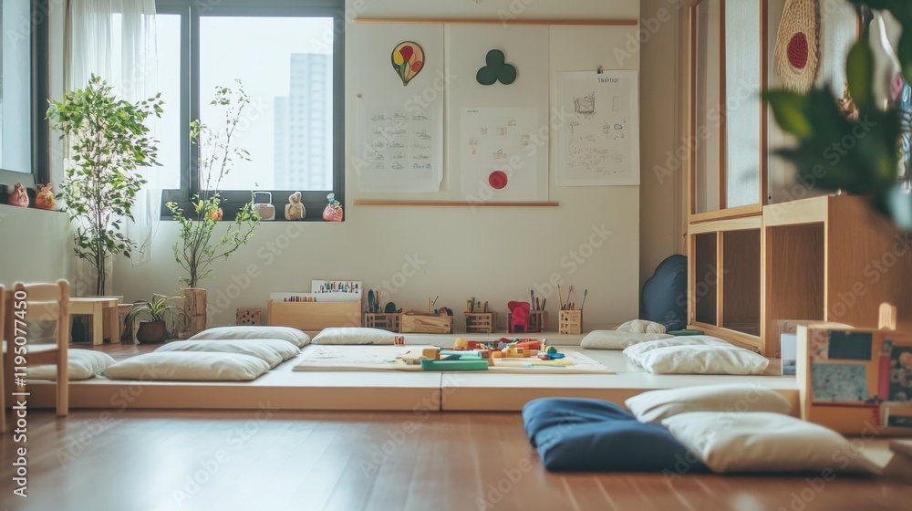A cozy classroom with a child-friendly atmosphere, filled with soft cushions, educational posters, and colorful learning materials. A cozy classroom with a child-friendly atmosphere, filled with soft cushions, educational posters, and colorful learning materials.