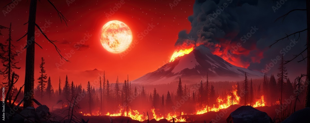 A fiery landscape features a glowing volcano under a blood-red moon, surrounded by charred trees and flames, creating a dramatic, apocalyptic scene. A fiery landscape features a glowing volcano under a blood-red moon, surrounded by charred trees and flames, creating a dramatic, apocalyptic scene.