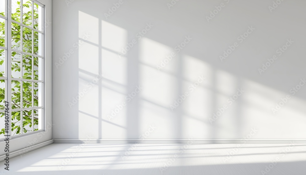 Fototapeta premium Sunlit room with large window and green foliage reflections on empty white walls