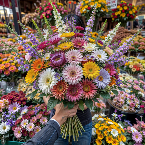In the image, a person is holding a bouquet of colorful flowers, surrounded by various other flower arrangements in a market setting.
