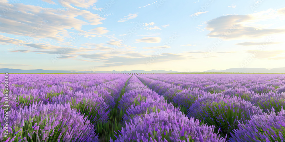Fototapeta premium Lavender Field with Distant Mountains and Cloudy Sky