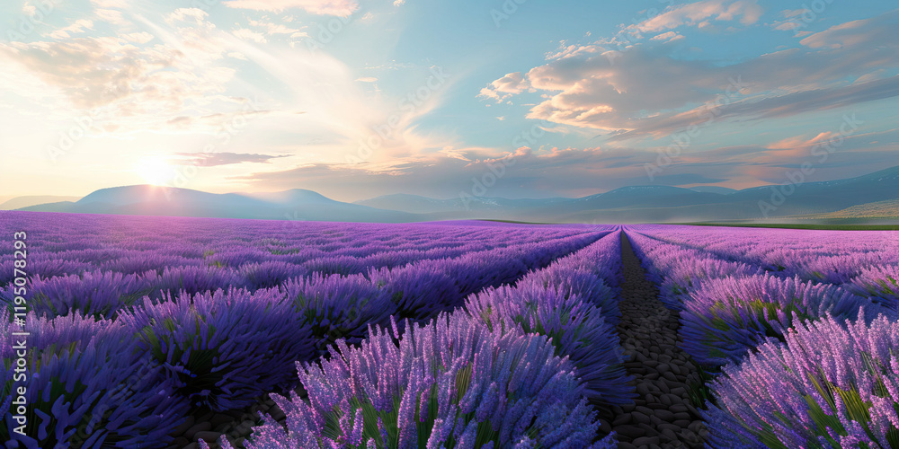 Fototapeta premium Lavender Field at Sunset with Mountain Background