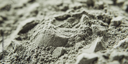 Green bentonite clay powder in foreground with fine texture and soft focus background, ideal for skincare products like masks and creams. photo