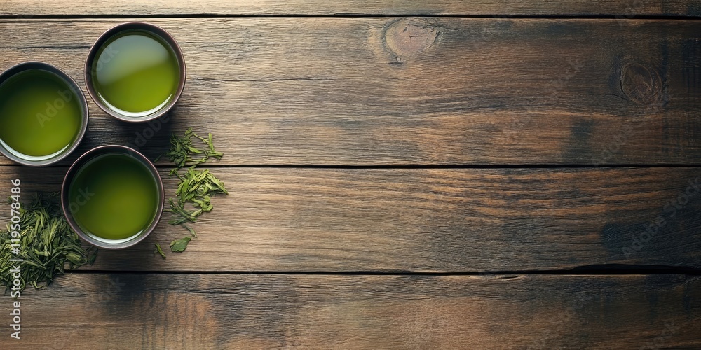 Japanese green tea in three dark cups on a rustic wooden table with fresh leaves scattered nearby and ample negative space for text. Japanese green tea in three dark cups on a rustic wooden table with fresh leaves scattered nearby and ample negative space for text.