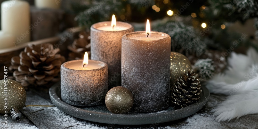 Cozy holiday scene with three gray candles on a dark tray surrounded by pine cones and golden ornaments, softly lit by warm lights. Cozy holiday scene with three gray candles on a dark tray surrounded by pine cones and golden ornaments, softly lit by warm lights.