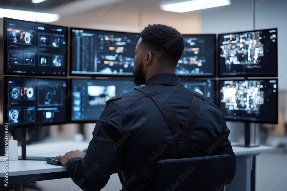 Fototapeta premium Focused black security officer monitoring surveillance screens in control room