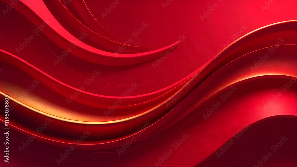 A vibrant red and shimmering gold wave gracefully flows across a rich, dark red background, creating a striking visual contrast