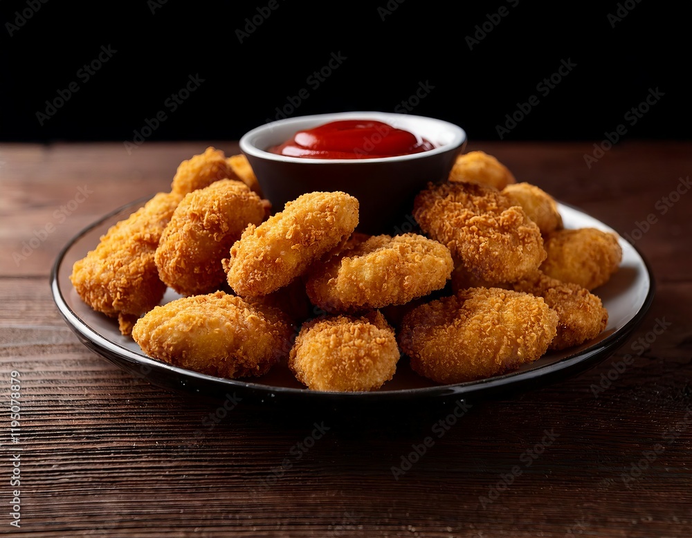 Crispy chicken nuggets on a plate with ketchup on a wooden table, front view shot, dark background, high contrast lighting, golden brown texture, comfort food, detailed food photography. Crispy chicken nuggets on a plate with ketchup on a wooden table, front view shot, dark background, high contrast lighting, golden brown texture, comfort food, detailed food photography.