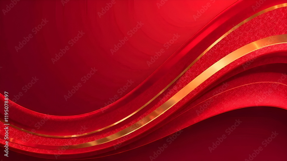 A vibrant red and shimmering gold wave gracefully flows across a rich, dark red background, creating a striking visual contrast