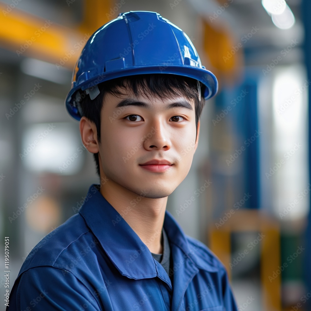 Portrait of a focused young chinese male engineer wearing a blue hard hat, confidently inspecting a construction site Portrait of a focused young chinese male engineer wearing a blue hard hat, confidently inspecting a construction site