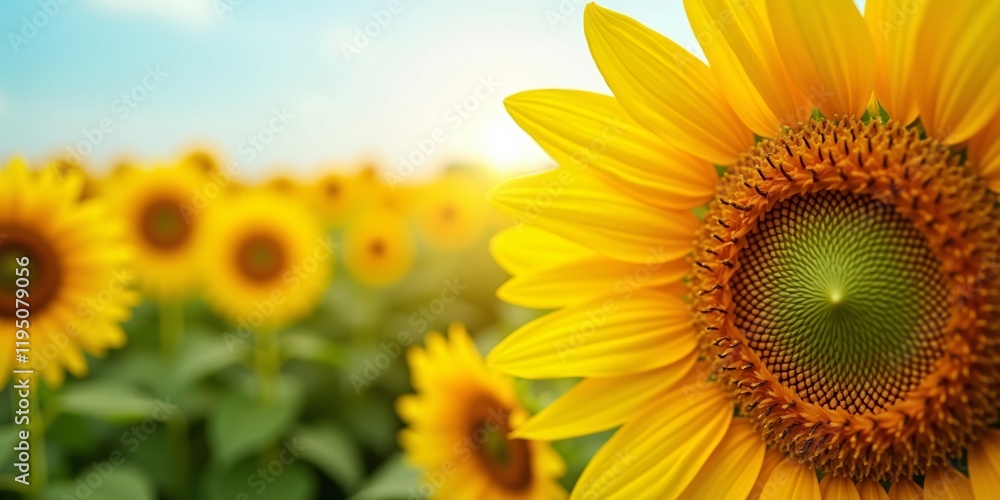 Fototapeta premium Vibrant Sunflower Field in Full Bloom Under a Bright Blue Sky