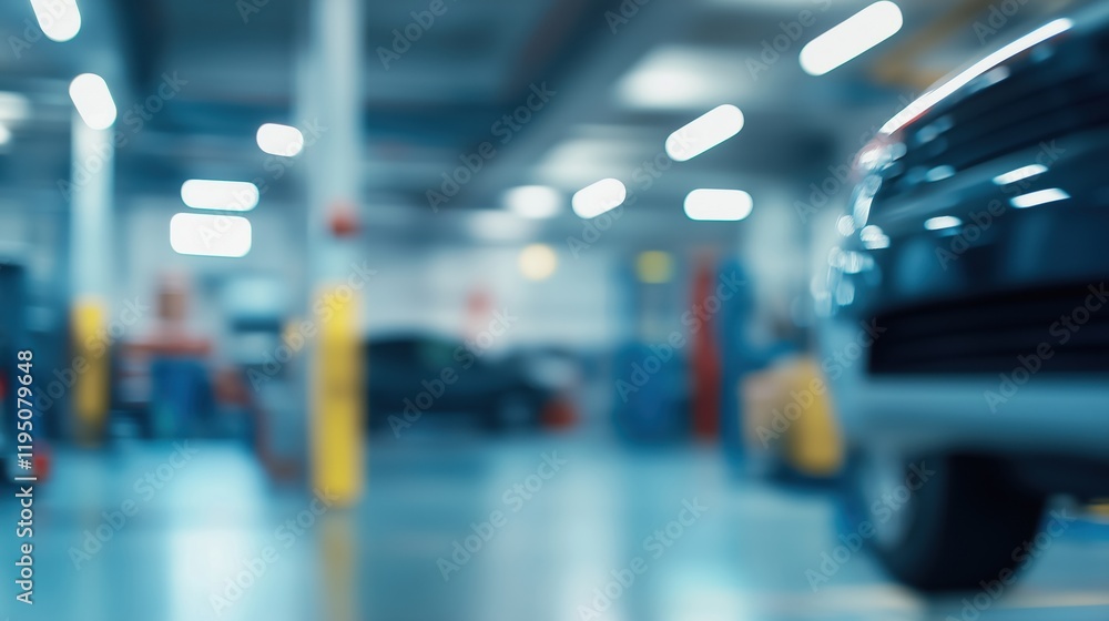 Fototapeta premium Blurred background of a busy auto repair workshop: soft focus mechanic service center image