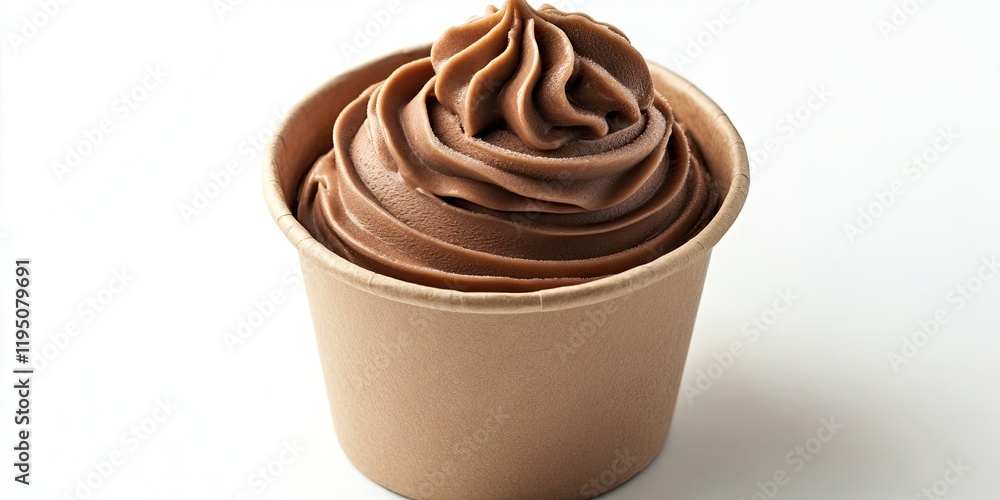 Chocolate soft serve ice cream in a brown paper cup with a creamy swirl on top isolated on a clean white background. Chocolate soft serve ice cream in a brown paper cup with a creamy swirl on top isolated on a clean white background.