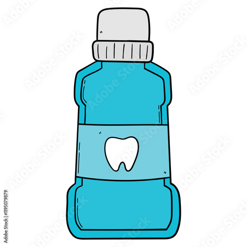 Hand drawn cartoon blue mouthwash bottle on white background.