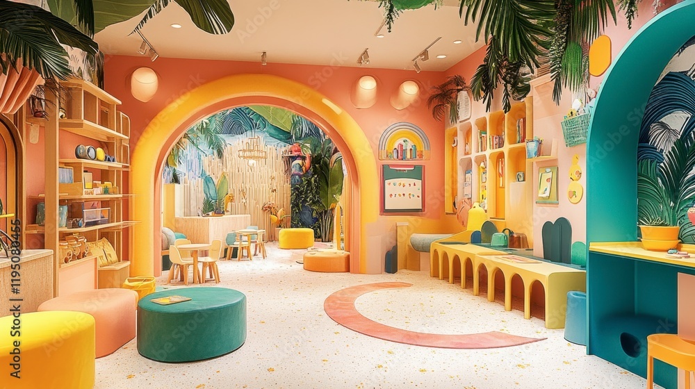 Fototapeta premium A dynamic and colorful classroom with interactive learning centers, playful decor, and a cozy area for group activities.