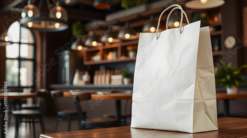 Paper shopping bag mockup on cozy restourant background with copyspace. Take-away concept	