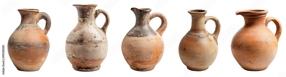 Set of clay and ceramic antique vases, collection of interior decor items, terracotta jug, beige and brown pots Set of clay and ceramic antique vases, collection of interior decor items, terracotta jug, beige and brown pots