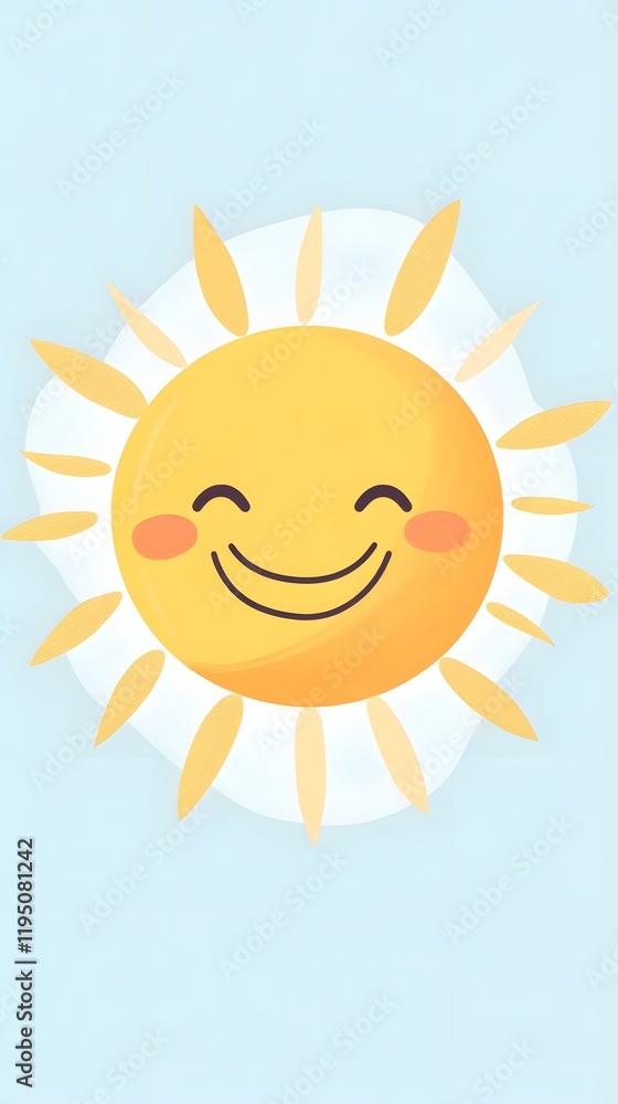 Cheerful cartoon sun with a smiling face on a light blue background. Cheerful cartoon sun with a smiling face on a light blue background.