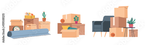 Cardboard boxes compositions. Packed interior items, indoor plants, carpets, furniture, moving to new house, things storage, vector set