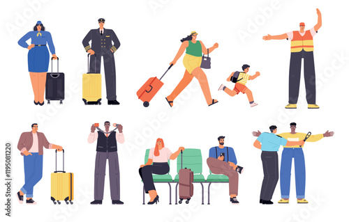 Cartoon airport staff characters. Funny employees and passengers, flight attendants and pilots in uniform, people with luggage, vector set