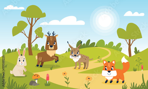 Cartoon animals in forest clearing. Wildlife characters in natural environment, summer time, happy fauna representatives, vector concept