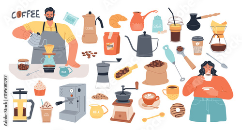 Cartoon barista characters. Coffee house elements, brewing tools, accessories, hot strong drink, cappuccino americano espresso, vector set