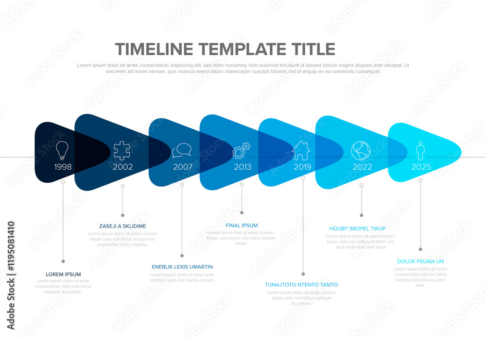 Infographic Timeline Template with Icons and Blue transparent triangle arrows
